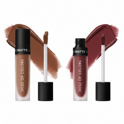 Two lip gloss products with swatches on a white background, featuring the brand 'Dose of Colors'.