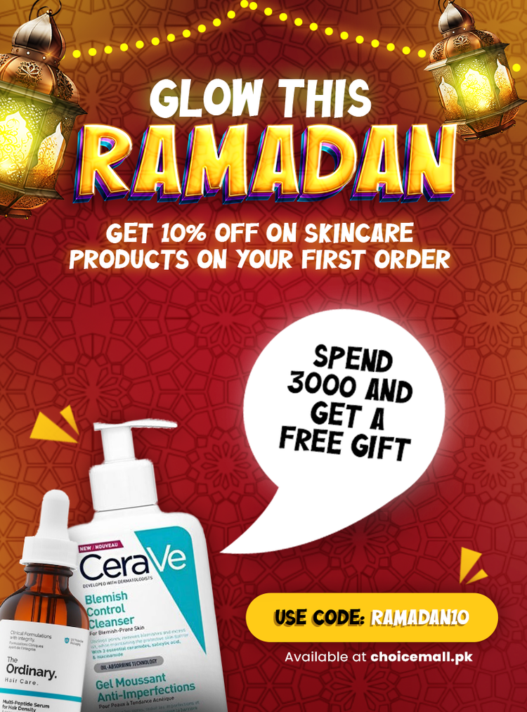 Promotional advertisement for skincare products during Ramadan with CeraVe and Ordinary branding.